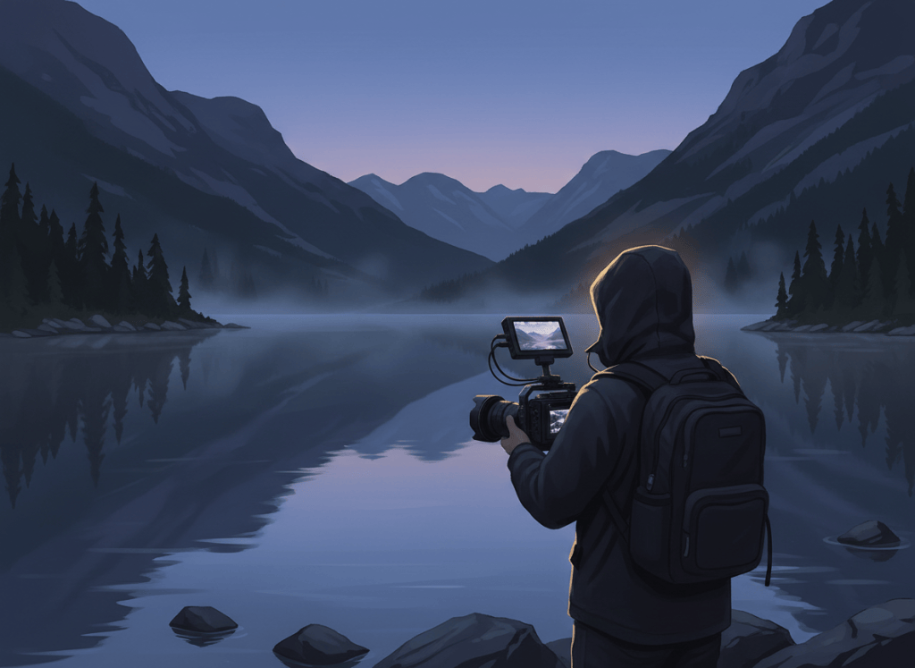AI-generert illustrasjon av en filmskaper sett bakfra ved et norsk fjellvann.