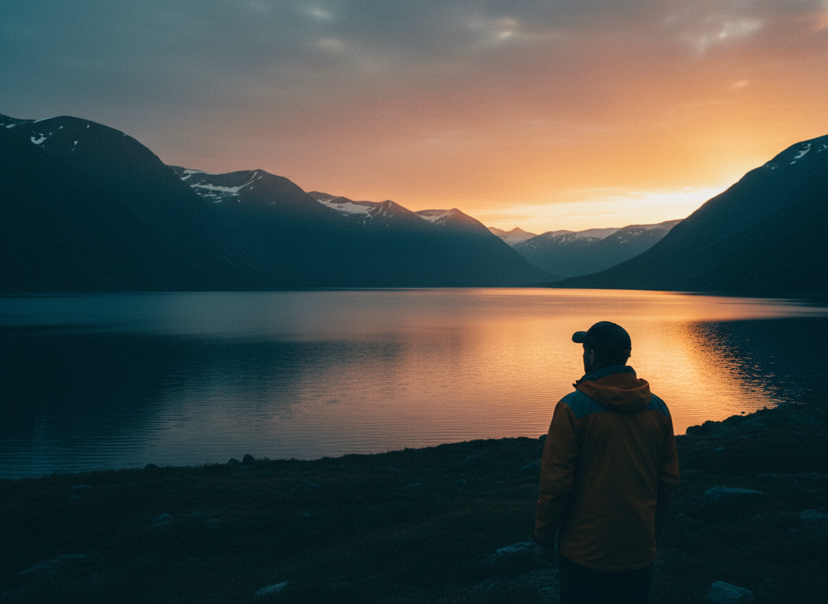 AI-generert stemningsbilde av en person ved et norsk fjellvann i kveldssol.